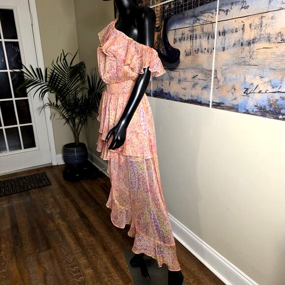 MISA Los Angeles Gisele Asymmetric Pink off Shoulder Floral Dress - Picture 14 of 14